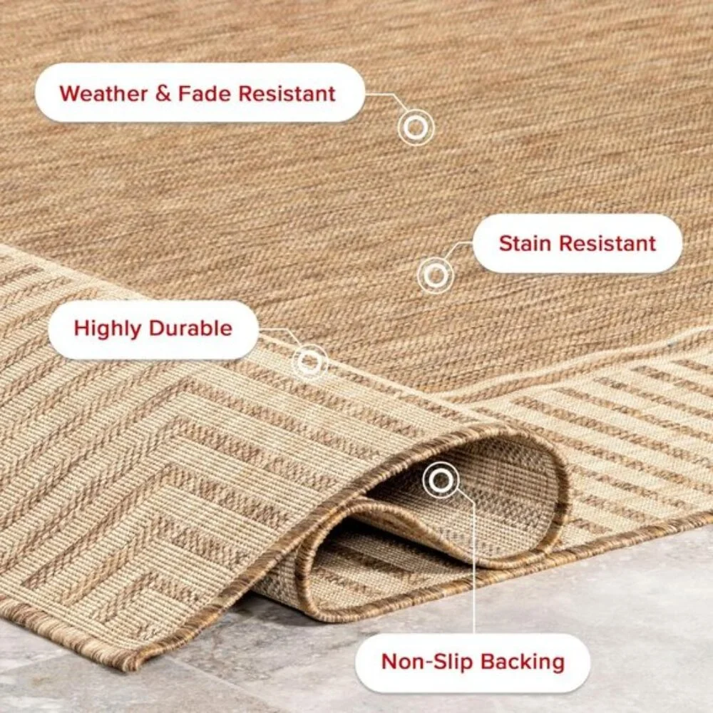 5x8Inch Outdoor Area Rug, Striped Border, Stain Resistant, Durable, Light Brown